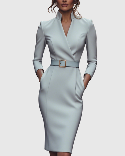 Claribel Refined Midi Dress — Mock Wrap Pencil Silhouette 11
