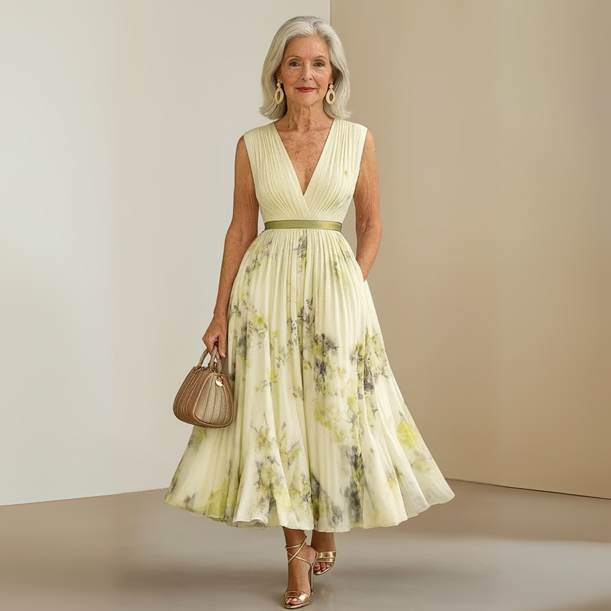 Pleated Sleeveless Maxi Dress with Deep V-Neckline 11