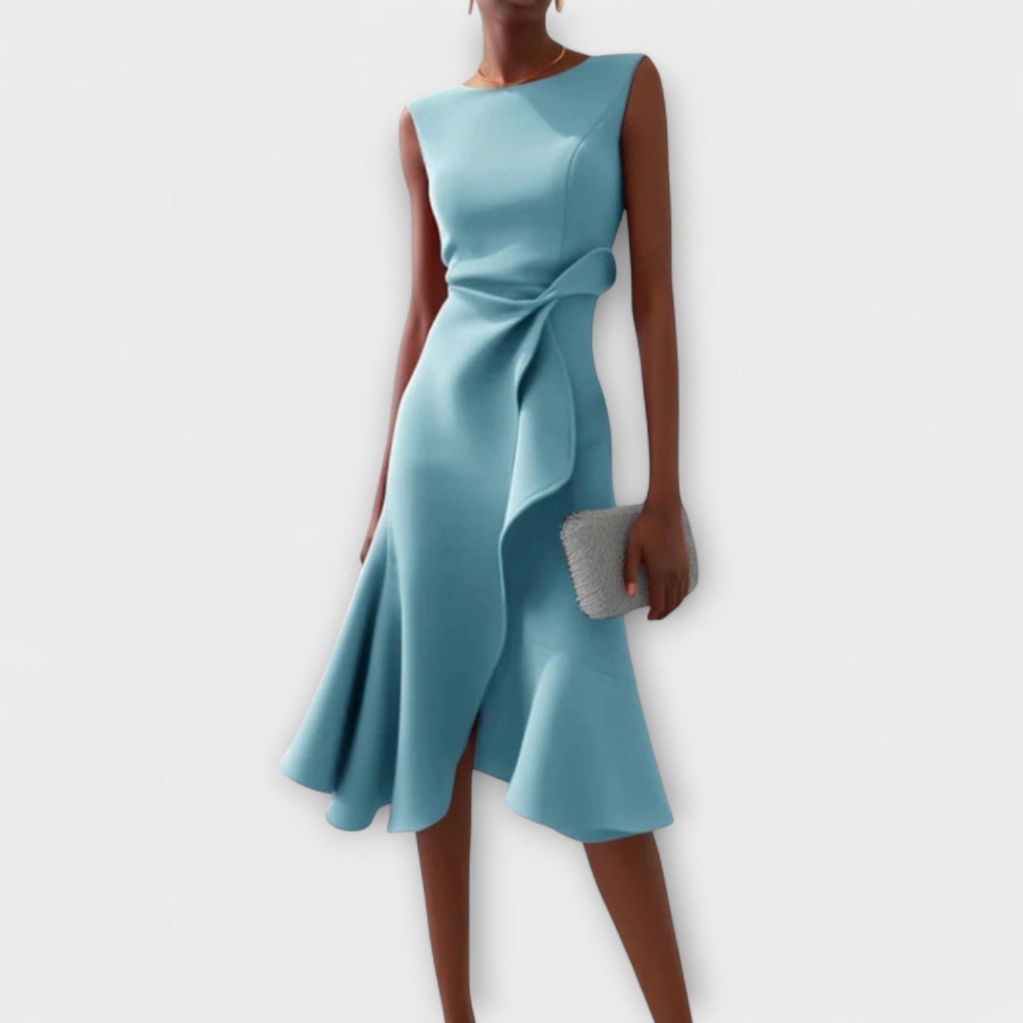 Ruffle Hem Wrap Detail Midi Dress — Sleeveless Flared Skirt 4