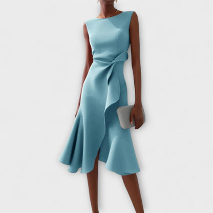 Ruffle Hem Wrap Detail Midi Dress — Sleeveless Flared Skirt 4