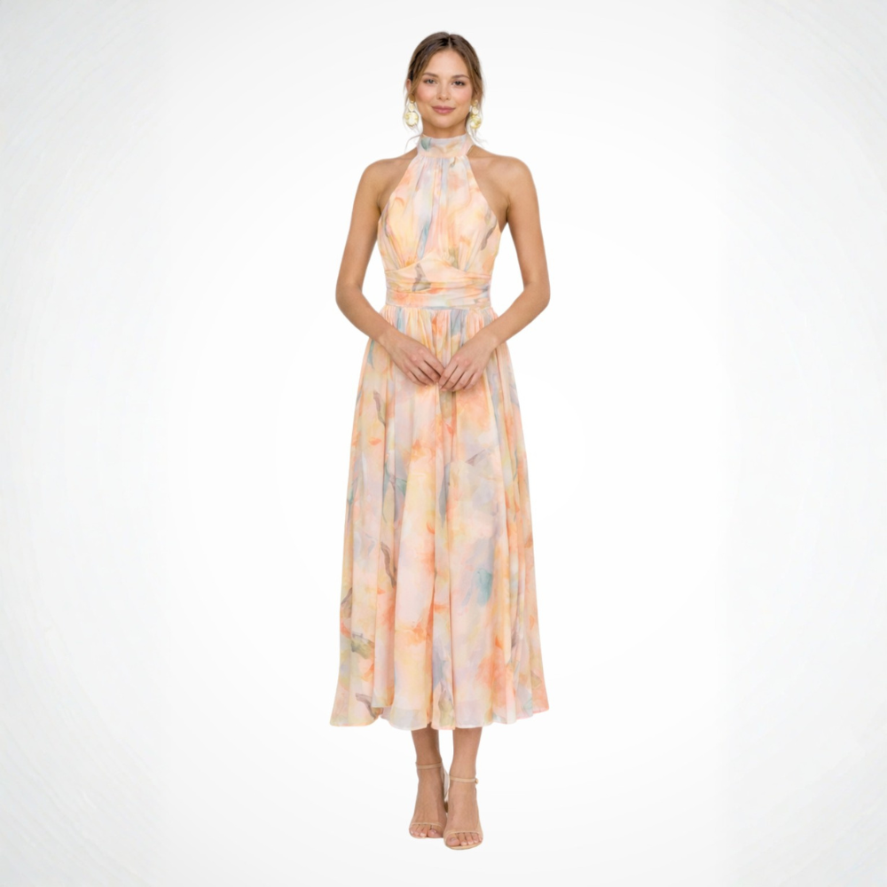 Elegant Maxi Dresses for Women | Floral Print Halter Neck Design | Flowy Silhouette for Warm-Weather Events