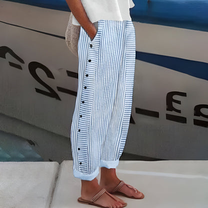 Women's Striped Trousers with Side Button Panel & Turn-Up Cuff 10
