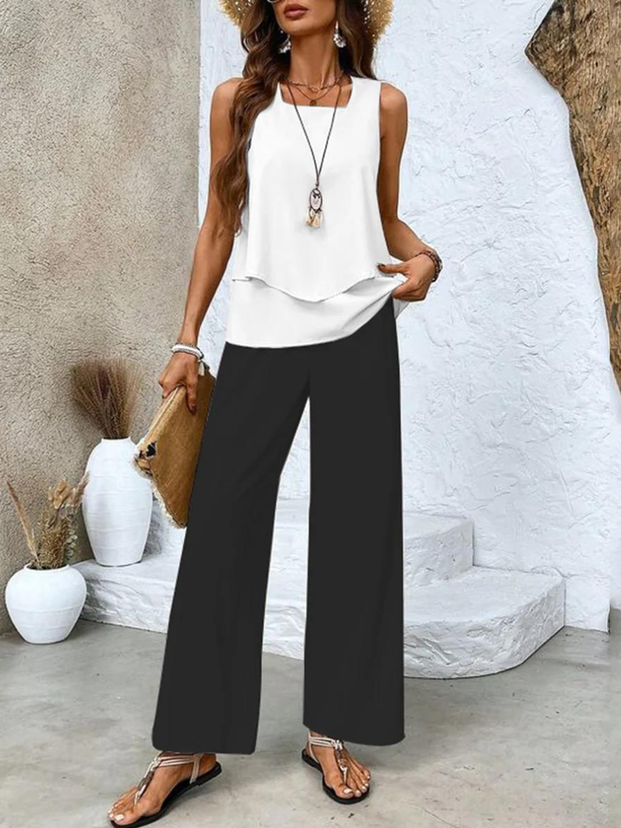 Chic Two-Piece Set Sleeveless Blouse & Wide-Leg Pants 2