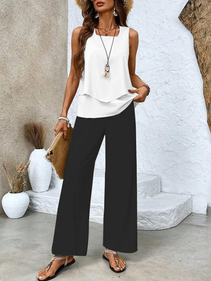Chic Two-Piece Set Sleeveless Blouse & Wide-Leg Pants 2