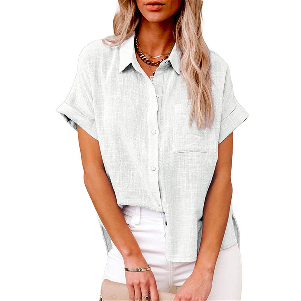 Women's Short Sleeve Button-Down Shirt with Chest Pocket 7