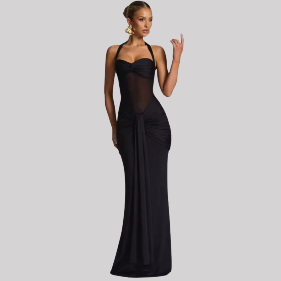 Elegant Maxi Dress | Halter Neck Long Dress with Ruched Bodice | Perfect for Formal Events