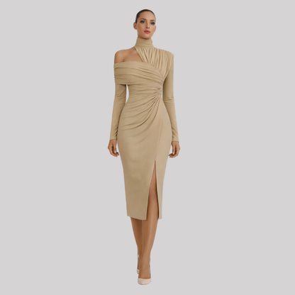 Delphina | Women's Asymmetric Midi Dress with Draped Bodice | Elegant Wedding Guest Attire