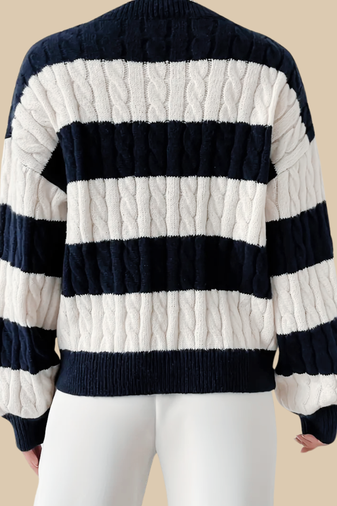 Cable Knit Color Block Sweater — Elegant Drop Shoulder V-Neck 6