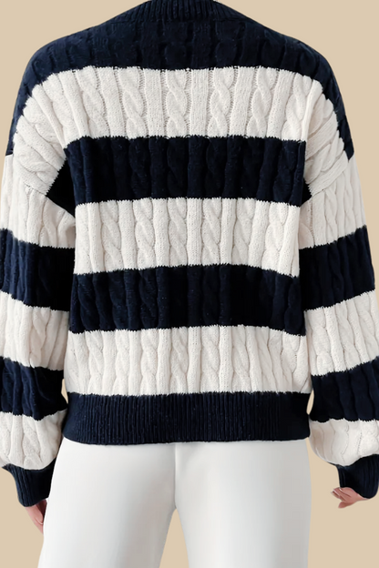 Cable Knit Color Block Sweater — Elegant Drop Shoulder V-Neck 6