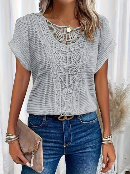 Women's Blouse with Decorative Crochet-Style Neckline Detail 6