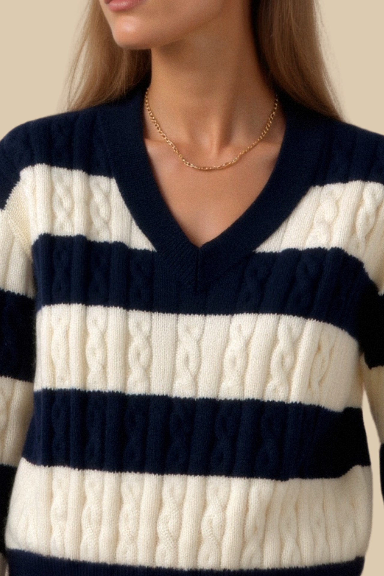 Cable Knit Color Block Sweater — Elegant Drop Shoulder V-Neck 5