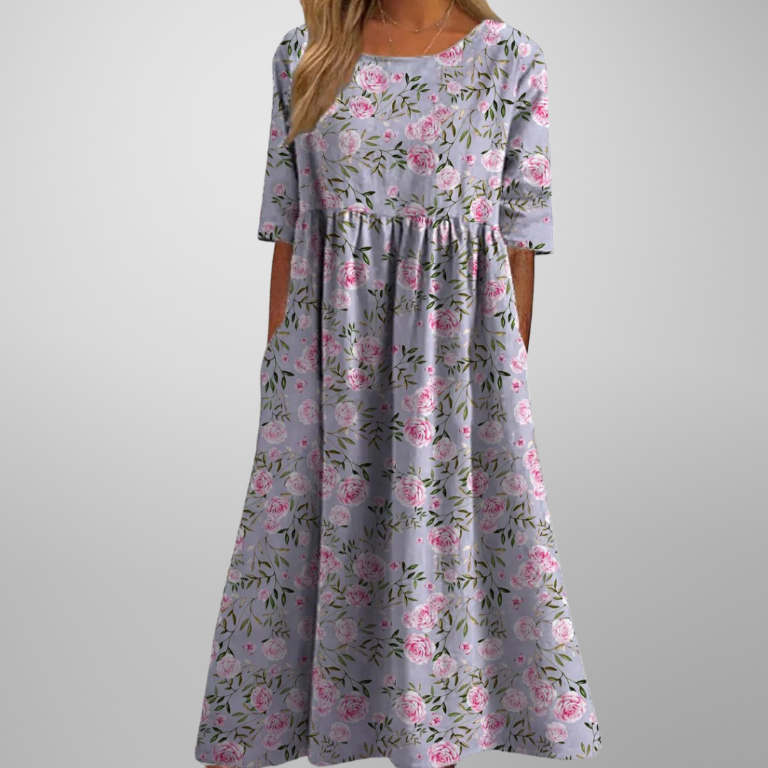 Women's Midi Dress Short Sleeve Loose Fit Botanical Print 6