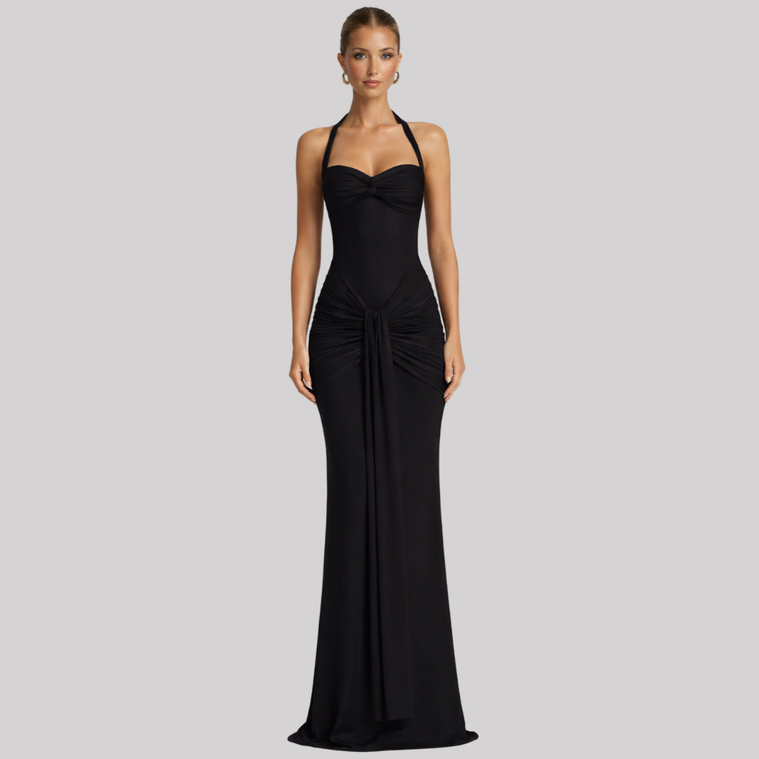 Elegant Maxi Dress | Halter Neck Long Dress with Ruched Bodice | Perfect for Formal Events