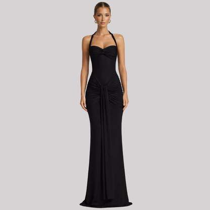 Elegant Maxi Dress | Halter Neck Long Dress with Ruched Bodice | Perfect for Formal Events