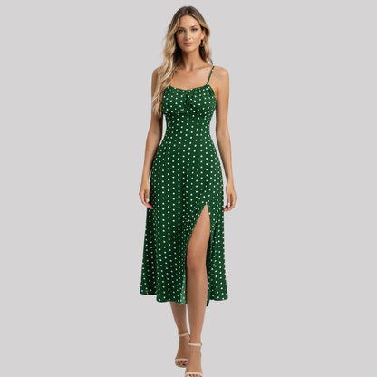 Chic Floral | Women's Midi Dress with Side Slit & Curved Neckline | Elegant Summer Dress for Effortless Style