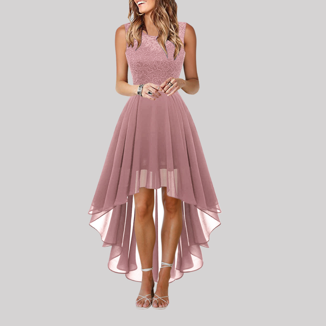 Petal Grace | Women's High-Low Elegant Dress with Fitted Bodice | Flattering Style for Summer Weddings