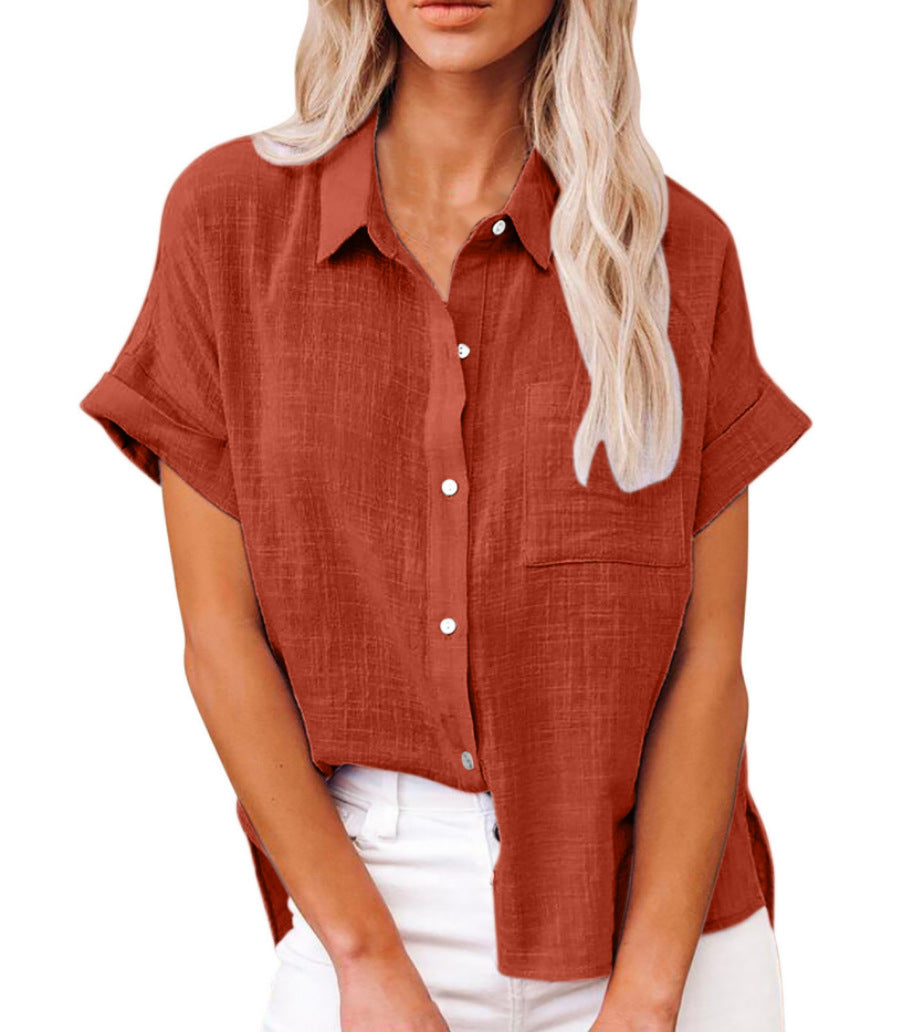 Women's Short Sleeve Button-Down Shirt with Chest Pocket 9