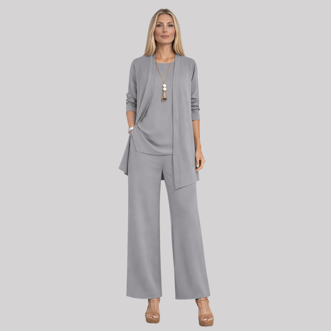 Elegant 3-Piece Women's Set | Open-Front Cardigan & Wide-Leg Trousers | Versatile Styling for Effortless Chic