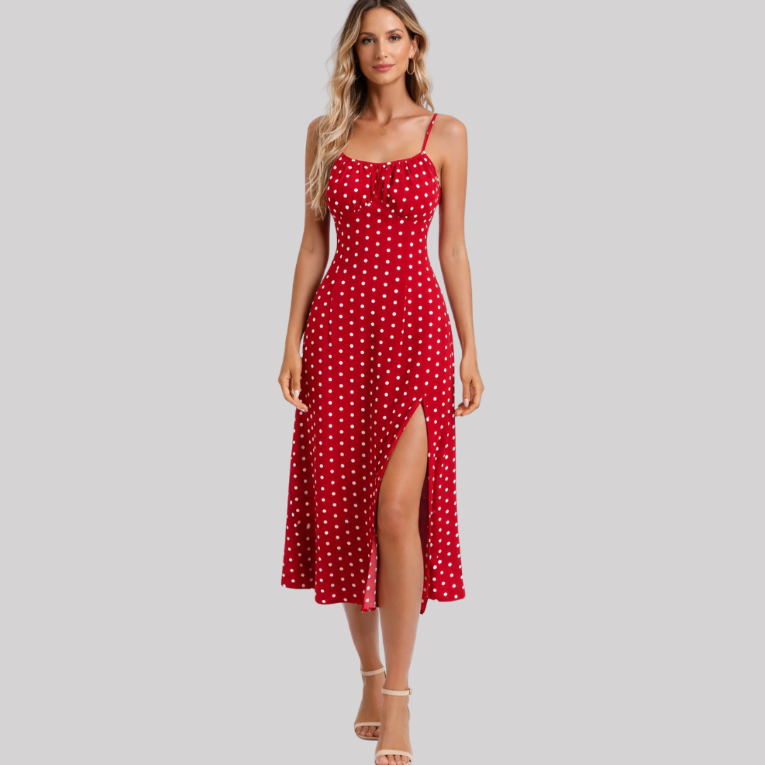 Chic Floral | Women's Midi Dress with Side Slit & Curved Neckline | Elegant Summer Dress for Effortless Style