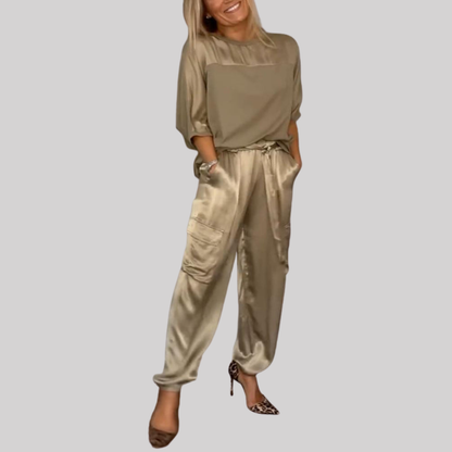 Chic Satin | Women's Two Piece Set with Loose-Fitting Top & Cargo Pants | Effortless Style for Casual & Night Out