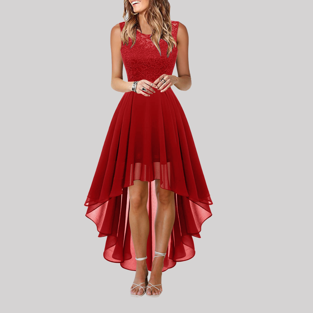 Petal Grace | Women's High-Low Elegant Dress with Fitted Bodice | Flattering Style for Summer Weddings