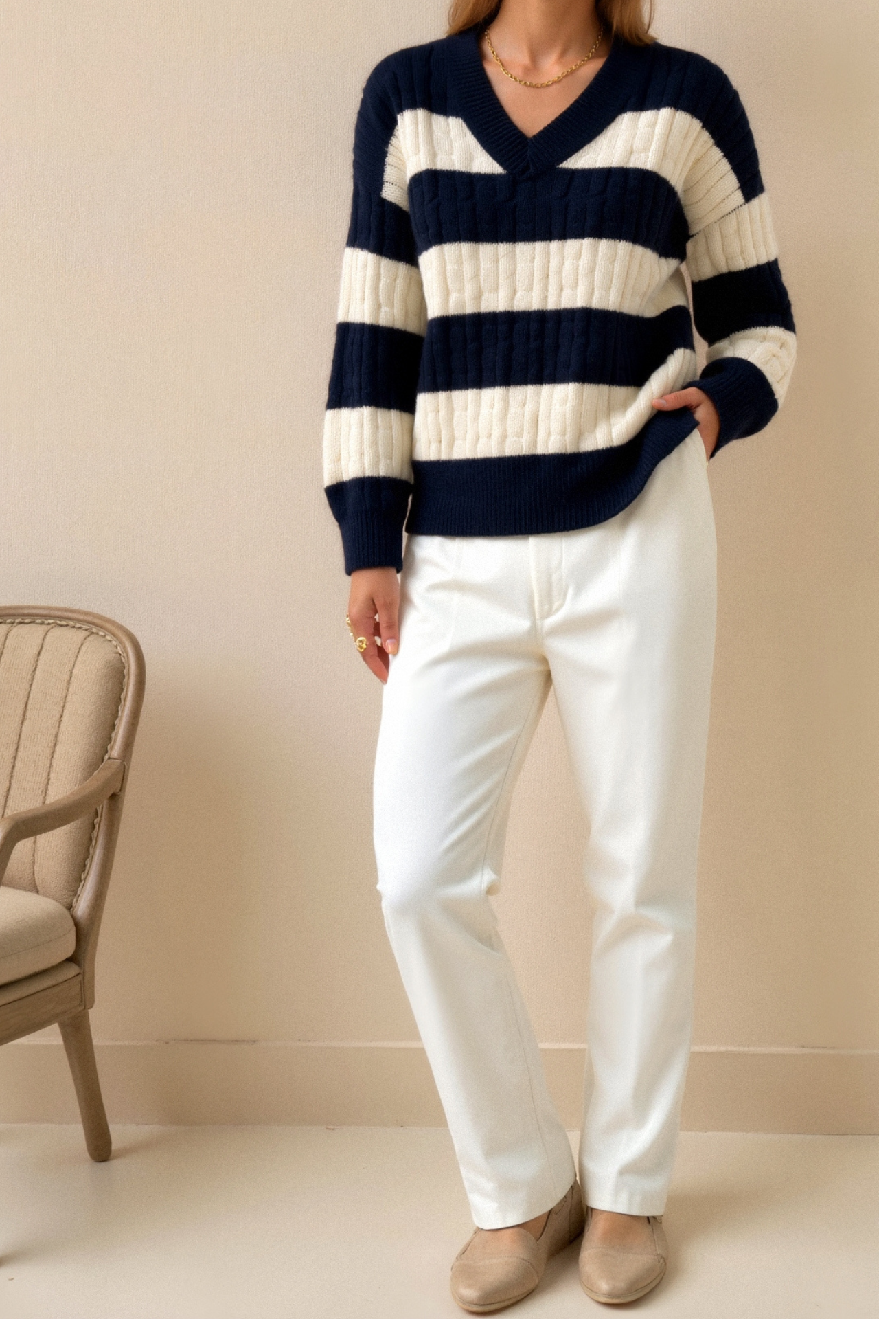 Cable Knit Color Block Sweater — Elegant Drop Shoulder V-Neck 4