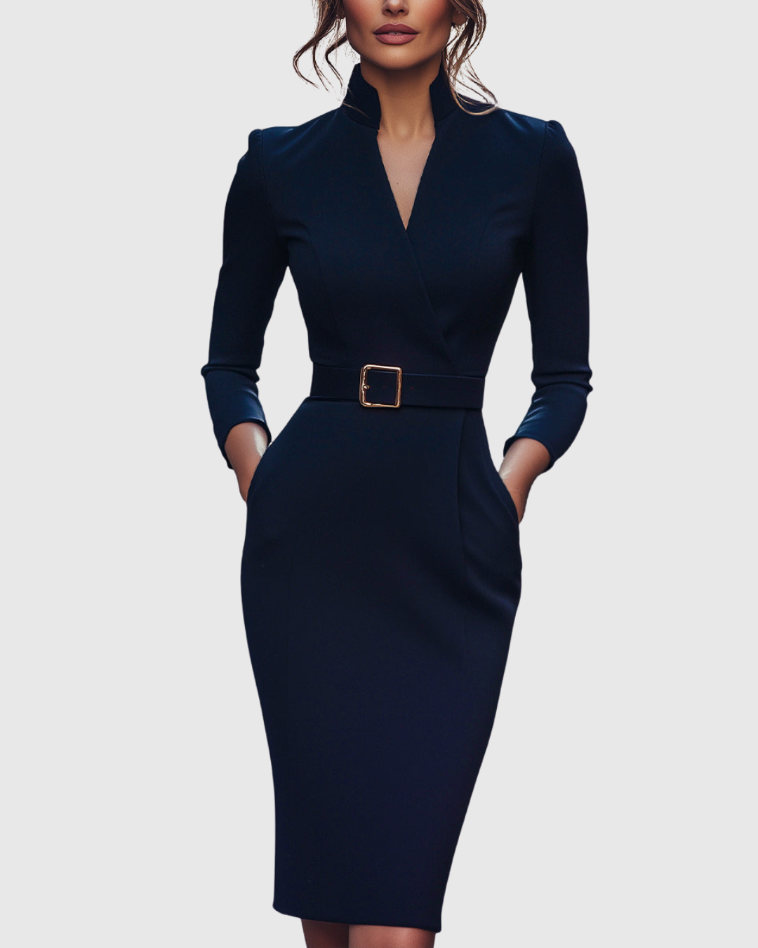 Claribel Refined Midi Dress — Mock Wrap Pencil Silhouette 8