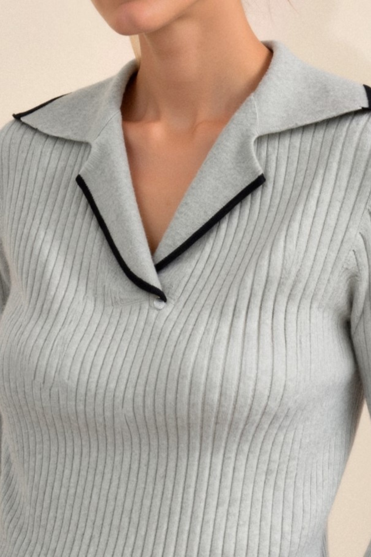 Contrast Trim Lapel Sweater — Lightweight Cotton Blend Knit 6