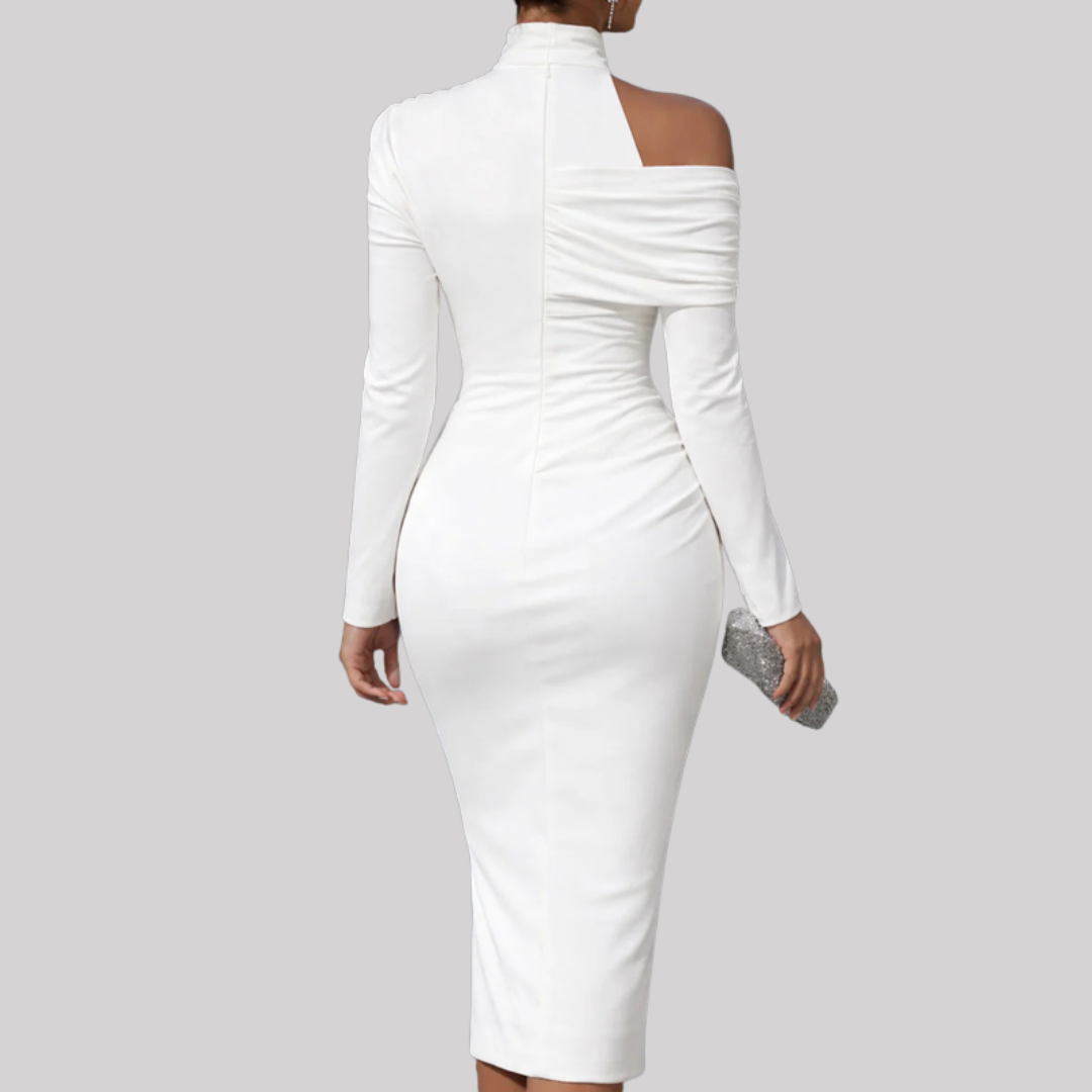 Delphina | Women's Asymmetric Midi Dress with Draped Bodice | Elegant Wedding Guest Attire