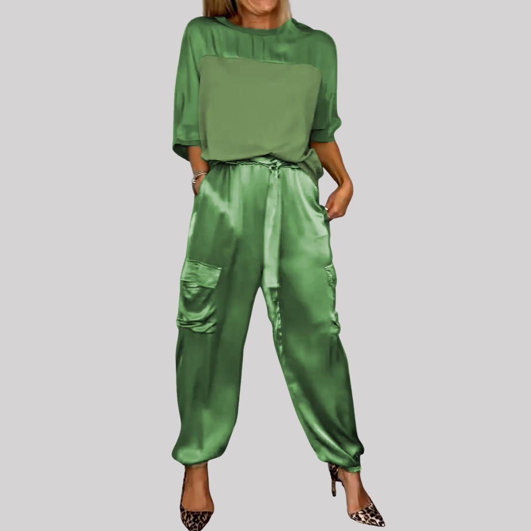 Chic Satin | Women's Two Piece Set with Loose-Fitting Top & Cargo Pants | Effortless Style for Casual & Night Out