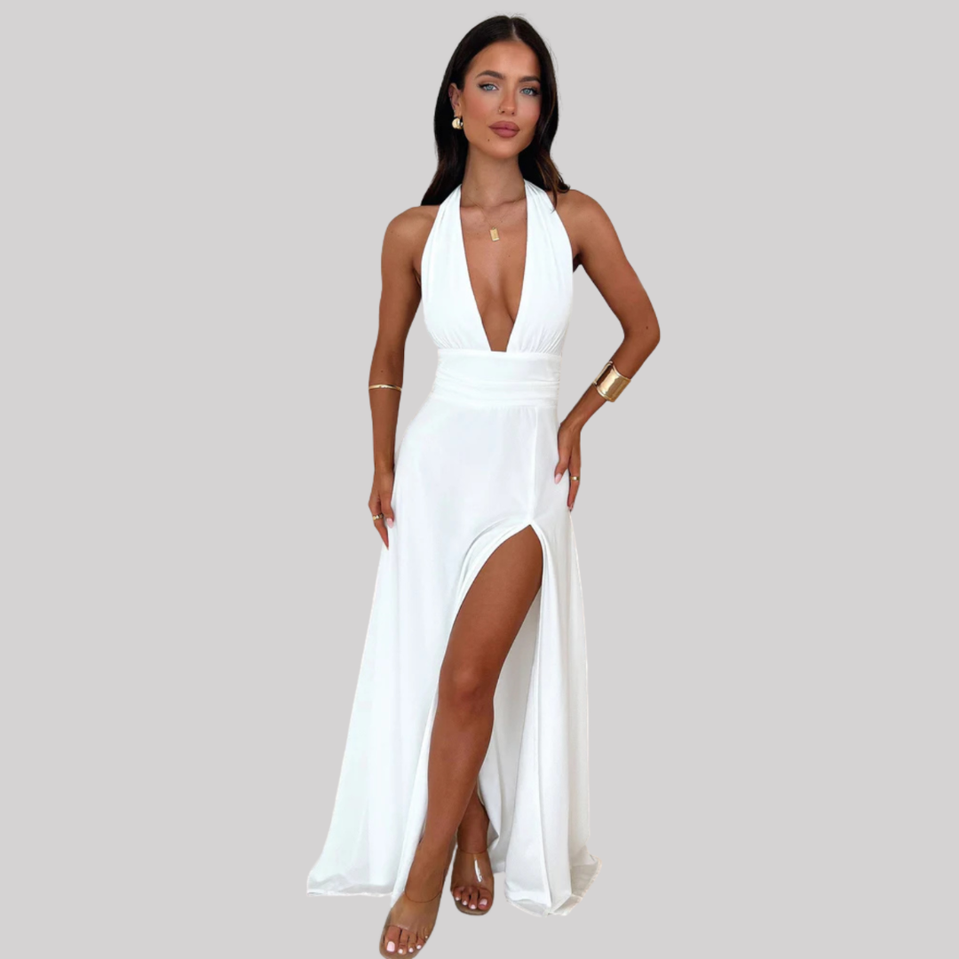Elegant Halter Neck Maxi Dress with High Side Slit | Stylish Long Dress for Effortless Summer Elegance