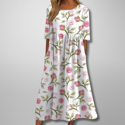 Women's Midi Dress Short Sleeve Loose Fit Botanical Print 8