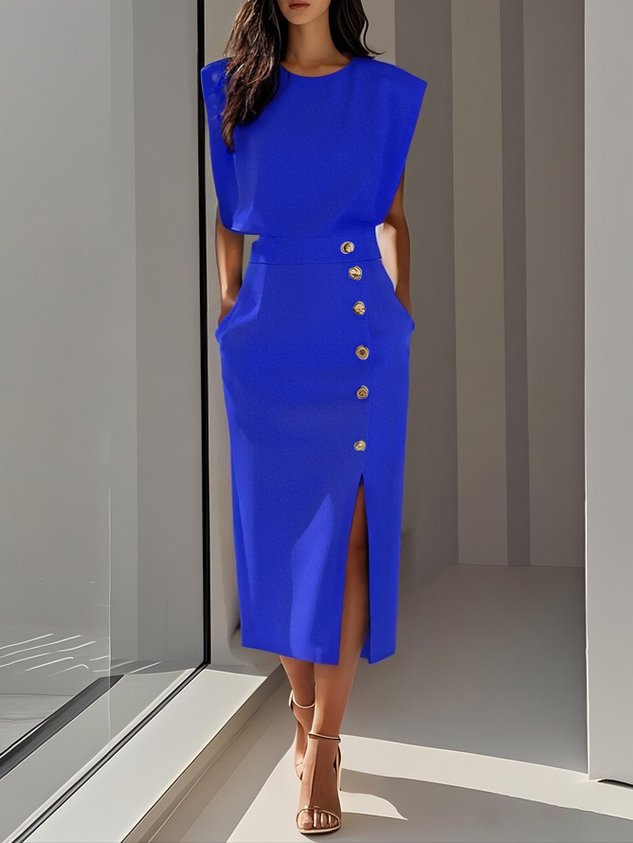Sleeveless Midi Dress with Side Button Detail & Front Slit 6