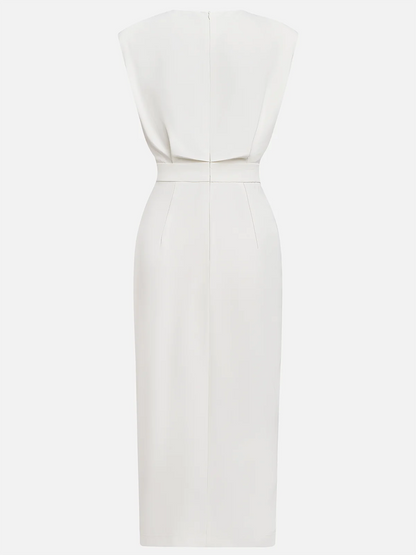 Effortless Charm Midi Dress — Round Neckline & Button Slit Detail 13