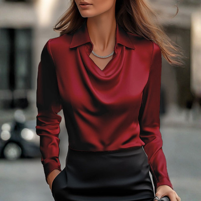 Elegant White Blouse for Women with Draped Neckline | Luxurious Satin Fabric for Sophisticated Style