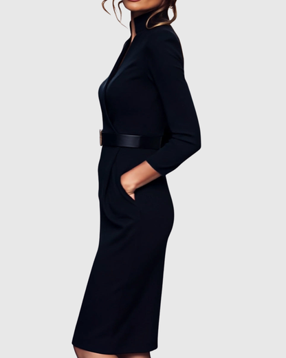Claribel Refined Midi Dress — Mock Wrap Pencil Silhouette 5