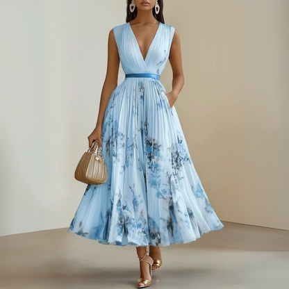 Pleated Sleeveless Maxi Dress with Deep V-Neckline 4