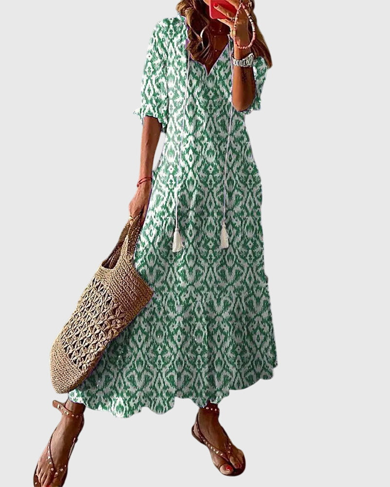 Amalia Collection | Women's Dress - Boho Vintage Summer Dress with Flattering V-Neckline | Lightweight & Versatile for Effortless Style
