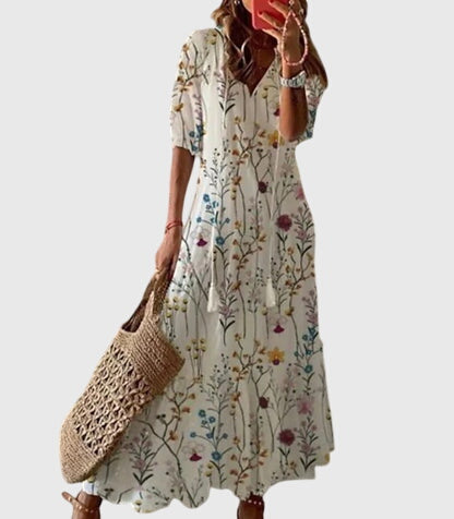 Amalia Collection | Women's Dress - Boho Vintage Summer Dress with Flattering V-Neckline | Lightweight & Versatile for Effortless Style