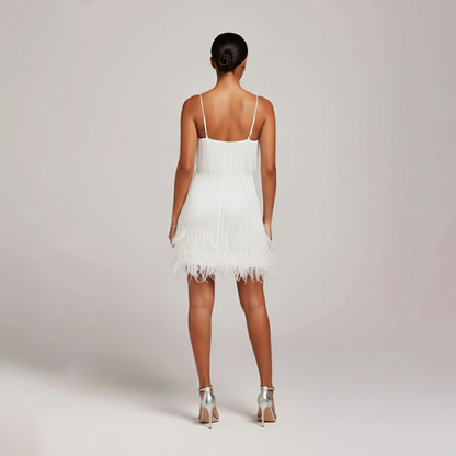 Audrey Collection | Women's Cocktail Dress with Mini Fringe & Feather Accents | Glamorous Look for Celebrations
