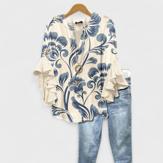 Bloom London | Women's Blouse with Floral Print & Ruffled Sleeves | Effortless Style for Everyday Elegance