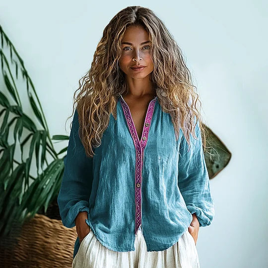Bohemian Linen Print Women's Shirt with V-Neck Design | Effortless Style for Casual Elegance