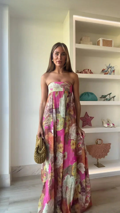 Caroline Collection | Women's Floral Maxi Dress with Strapless Design | Elegant Summer Dress for Wedding Guests