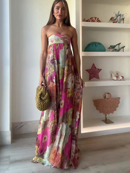 Caroline Collection | Women's Floral Maxi Dress with Strapless Design | Elegant Summer Dress for Wedding Guests