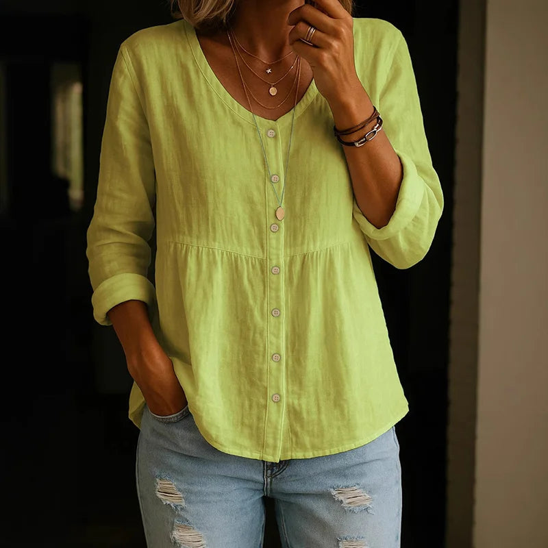 Casual Linen Blouse for Women with Vintage V Neck Design | Comfortable Long Sleeve Summer Top