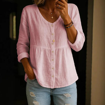 Casual Linen Blouse for Women with Vintage V Neck Design | Comfortable Long Sleeve Summer Top