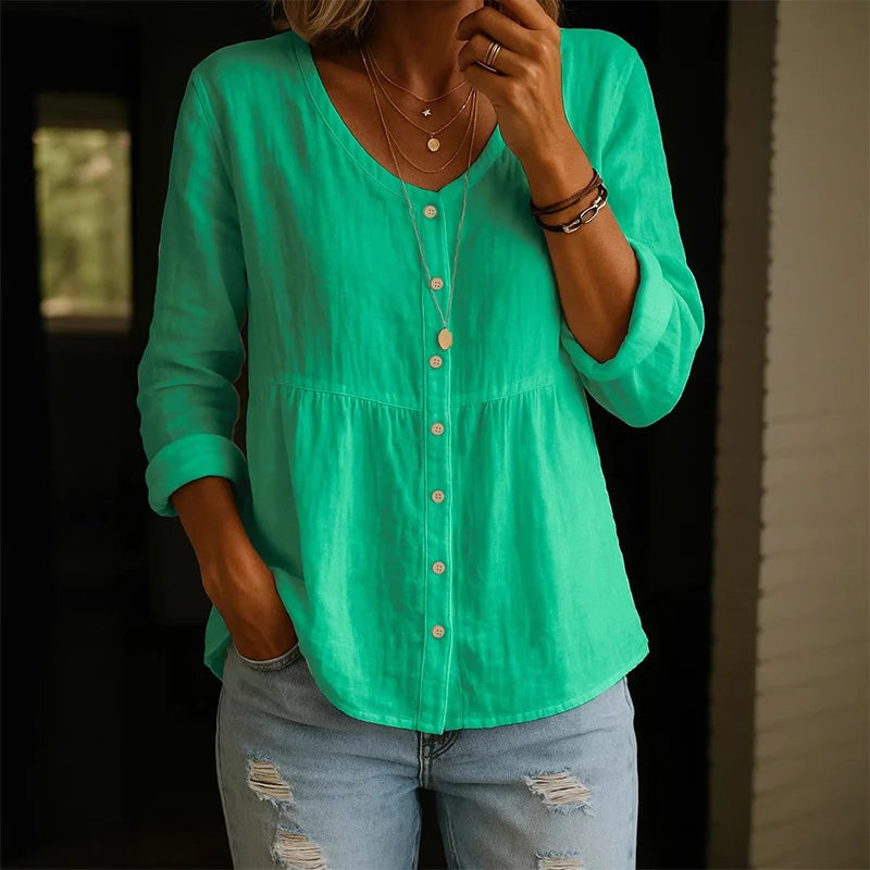 Casual Linen Blouse for Women with Vintage V Neck Design | Comfortable Long Sleeve Summer Top