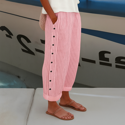Women's Striped Trousers with Side Button Panel & Turn-Up Cuff 13