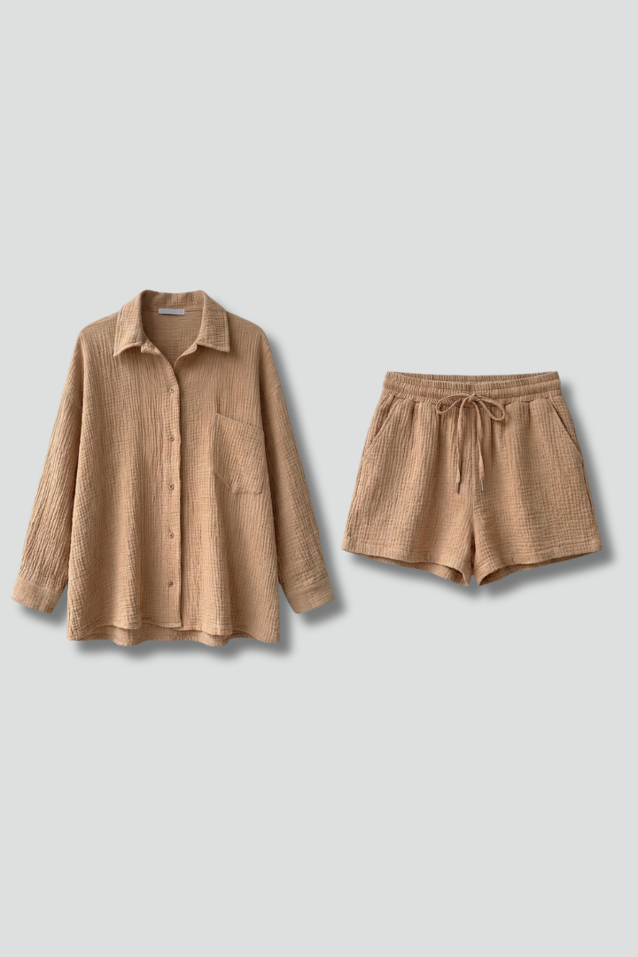 Chic Collection | Women's Two Piece Set with Button-Up Shirt & Drawstring Shorts | Effortless Style for Casual Outings