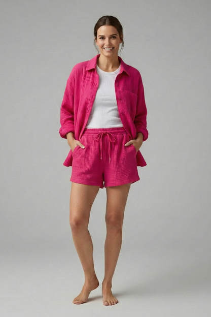 Chic Collection | Women's Two Piece Set with Button-Up Shirt & Drawstring Shorts | Effortless Style for Casual Outings